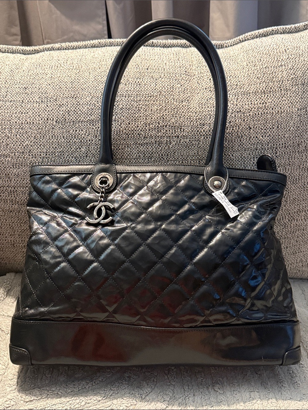 Vintage CHANEL Black Quilted Leather Tote with CC Charm Accent